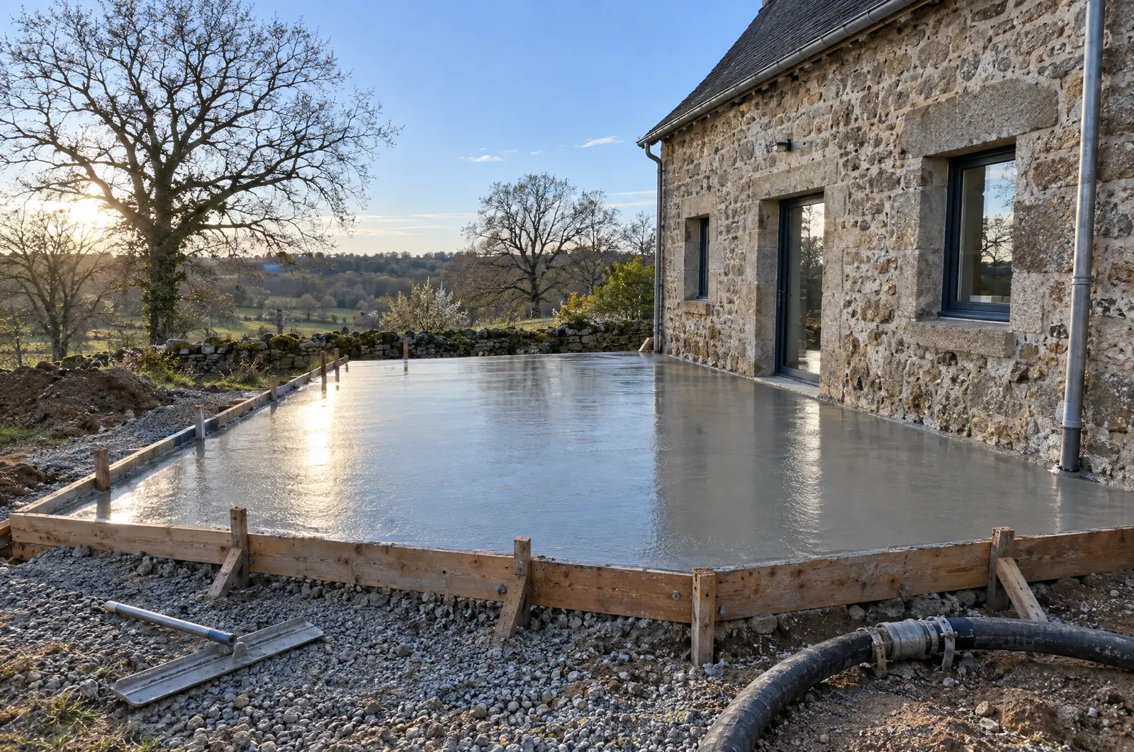 Dalle béton fraîchement coulée au pied d’une maison en pierre, coffrage bois encore en place