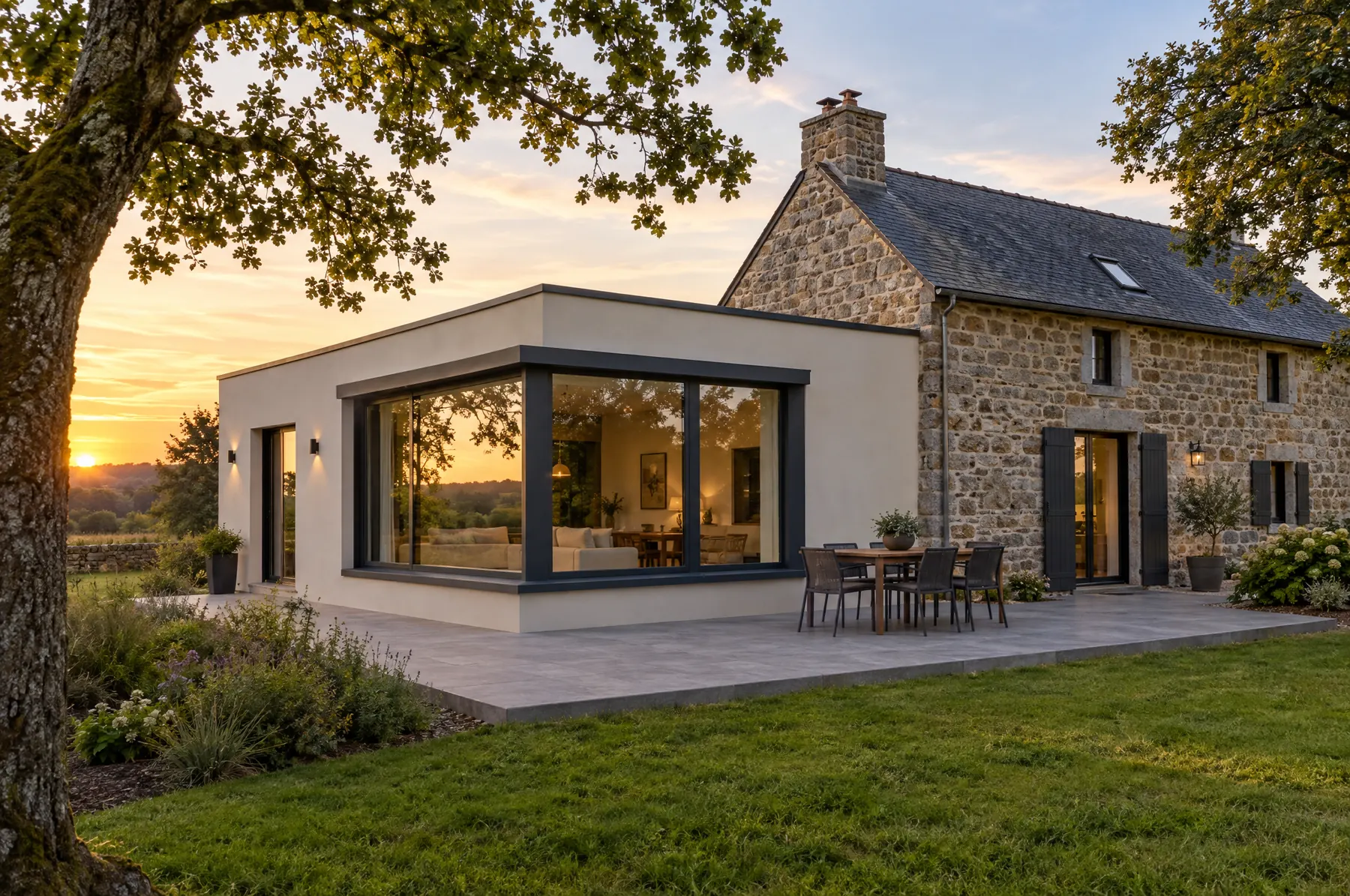 Extension contemporaine enduite accolée à une ferme limousine en granite