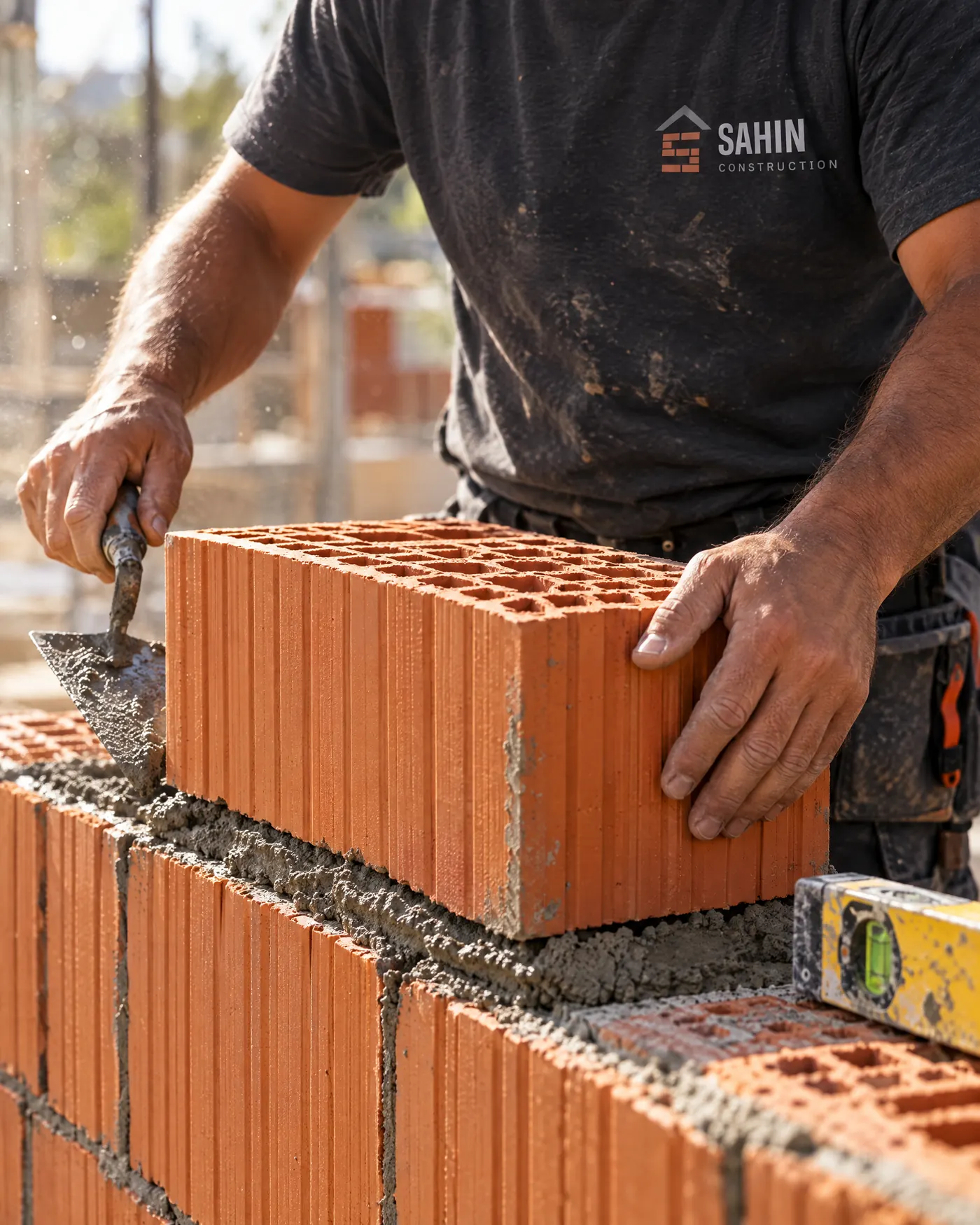 Maçon Sahin Construction posant une brique monomur sur un lit de mortier