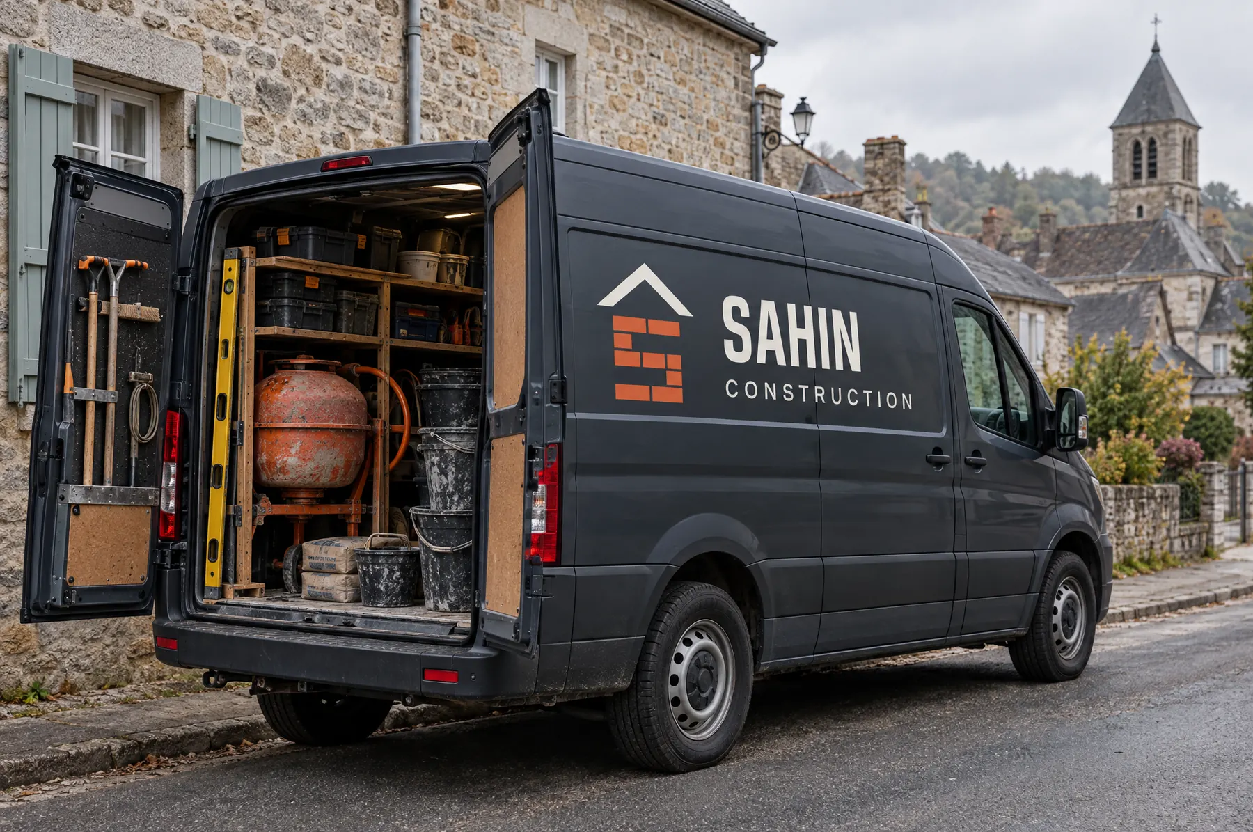Camionnette Sahin Construction portes ouvertes, outillage de maçon rangé, dans une rue de Bourganeuf